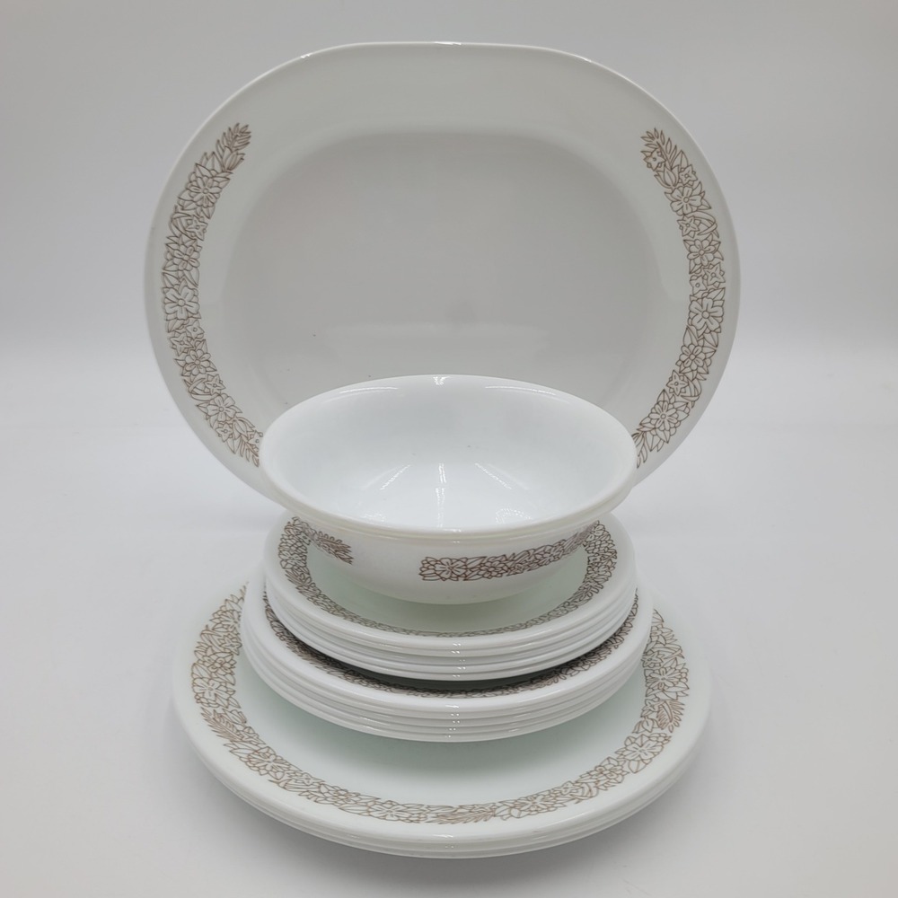 16pc Corelle Woodland Brown Dinnerware Set Vintage Floral Vitrelle Glass Plates